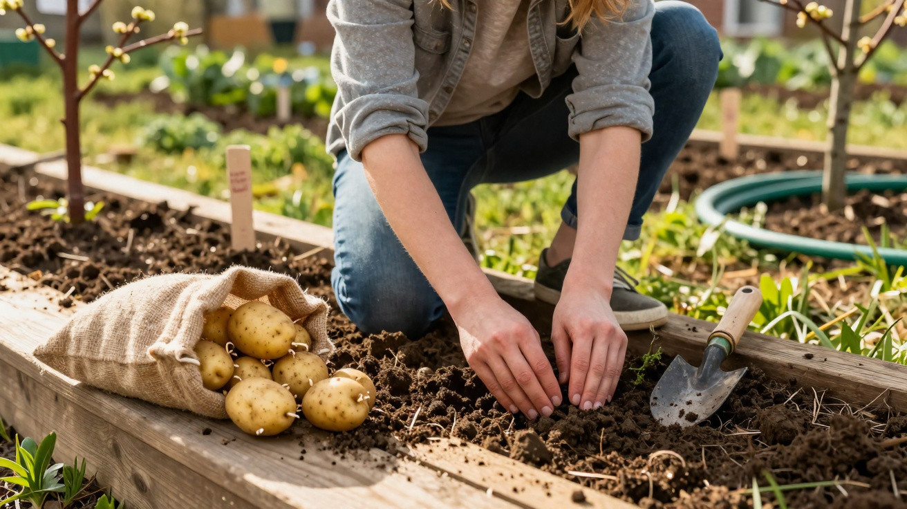 Pessoa a plantar batatas num canteiro com saco de batatas e enxada ao lado em jardim comunitário.