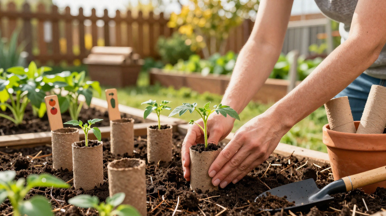 Mãos a transplantar uma muda de planta em vaso biodegradável para um canteiro de terra num jardim.