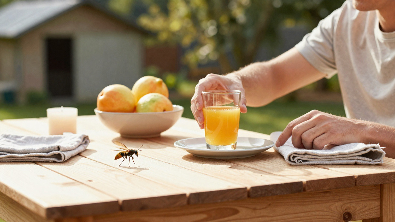 Mesa de madeira com sumo de laranja, frutas, guardanapos e uma vespa voando perto de uma mão.