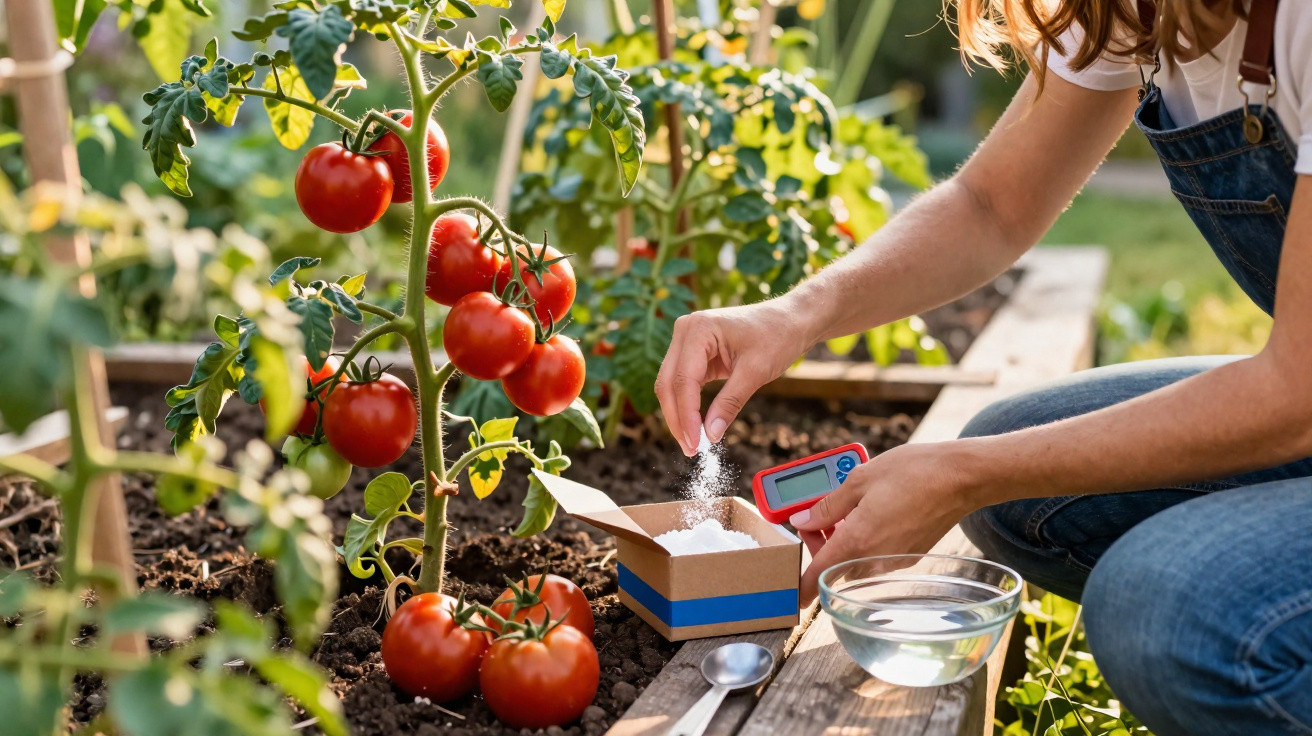 Pessoa a aplicar fertilizante em tomateiras com tomates vermelhos maduros num jardim.