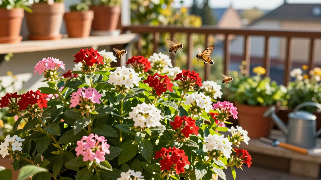 Flores coloridas em vaso com abelhas e uma borboleta a voar num terraço ensolarado.