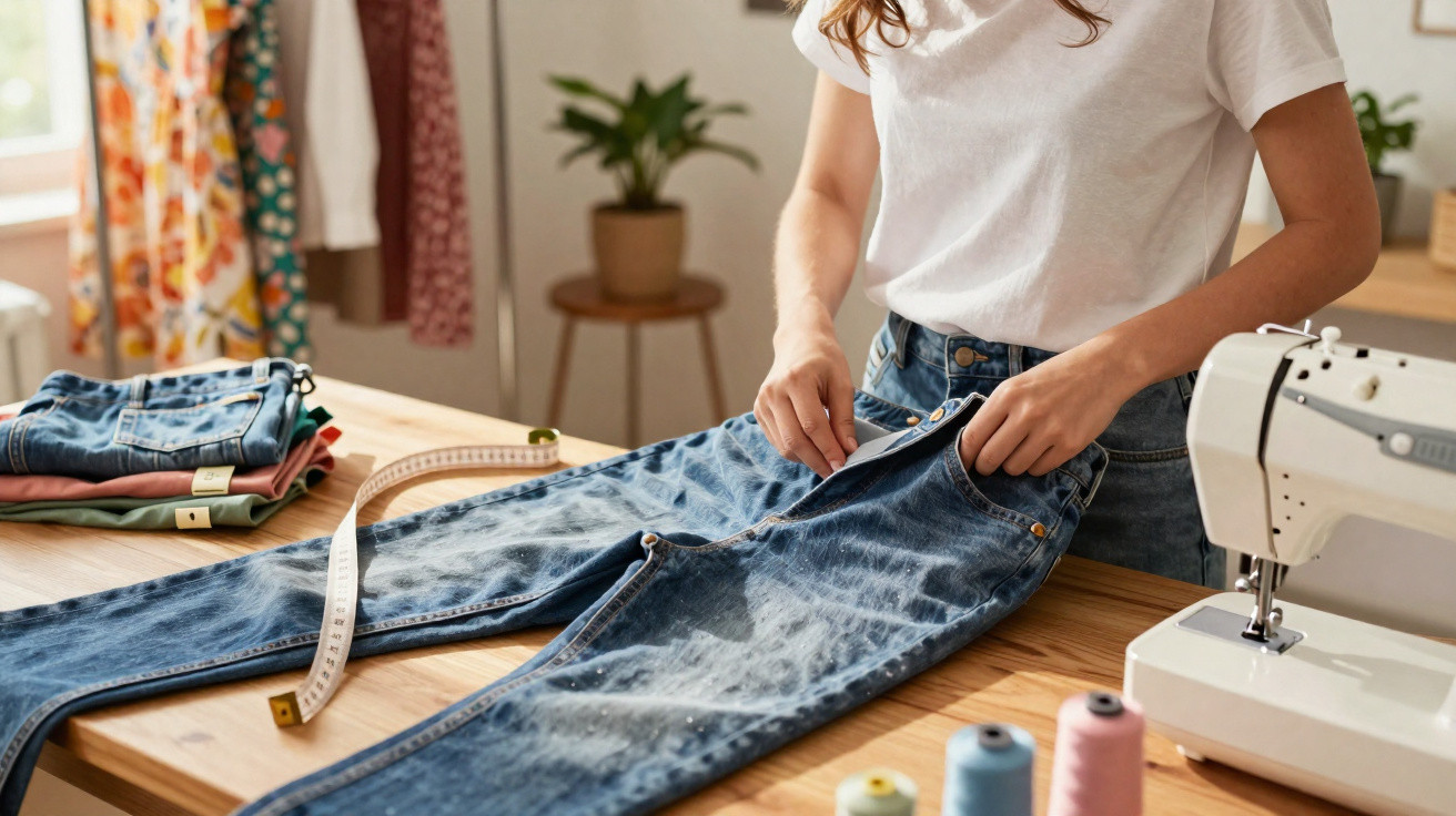 Pessoa a reparar ou ajustar um par de jeans junto a máquina de costura numa mesa com rolos de linha colorida.