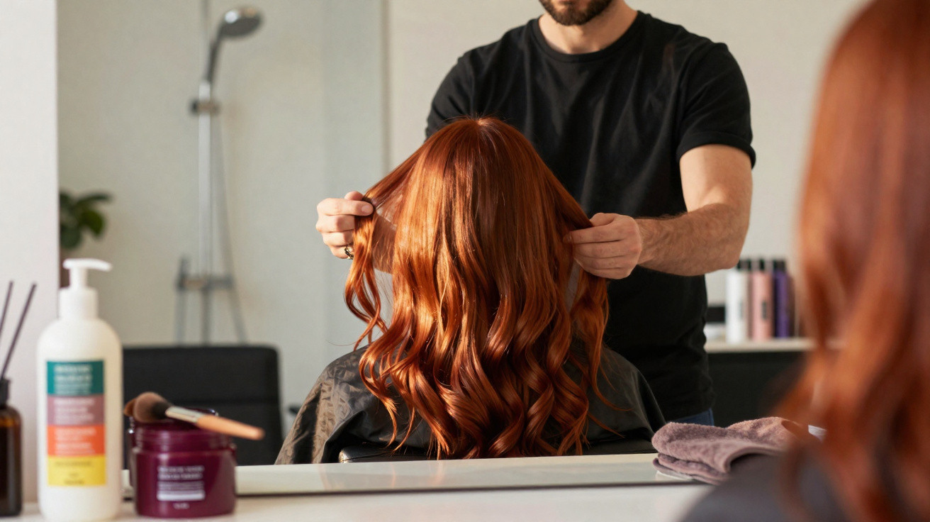 Homem a arranjar cabelo ruivo ondulado de mulher num salão de cabeleireiro perante espelho.