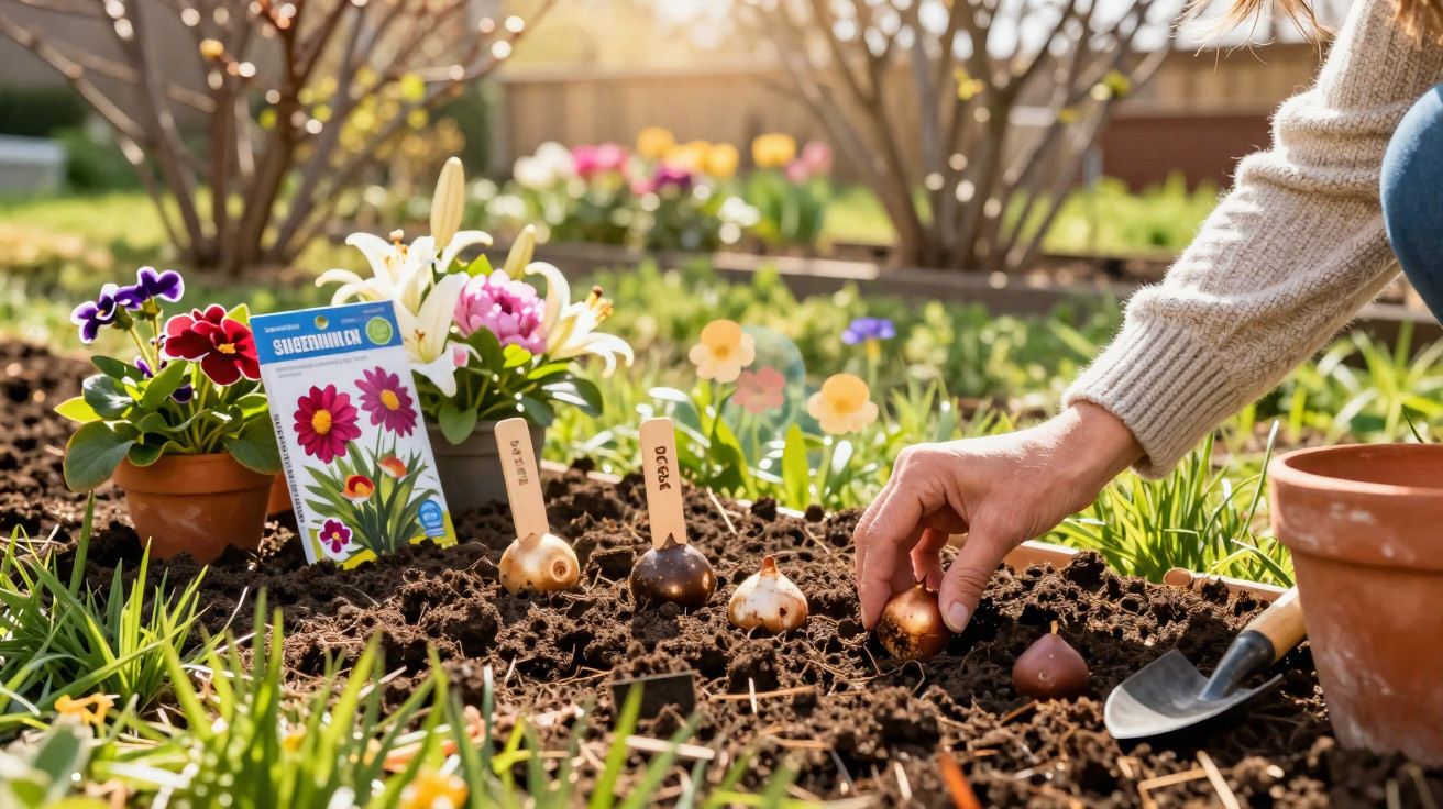 Pessoa a plantar bolbos de flores num jardim com vasos e sementes embaladas ao sol.
