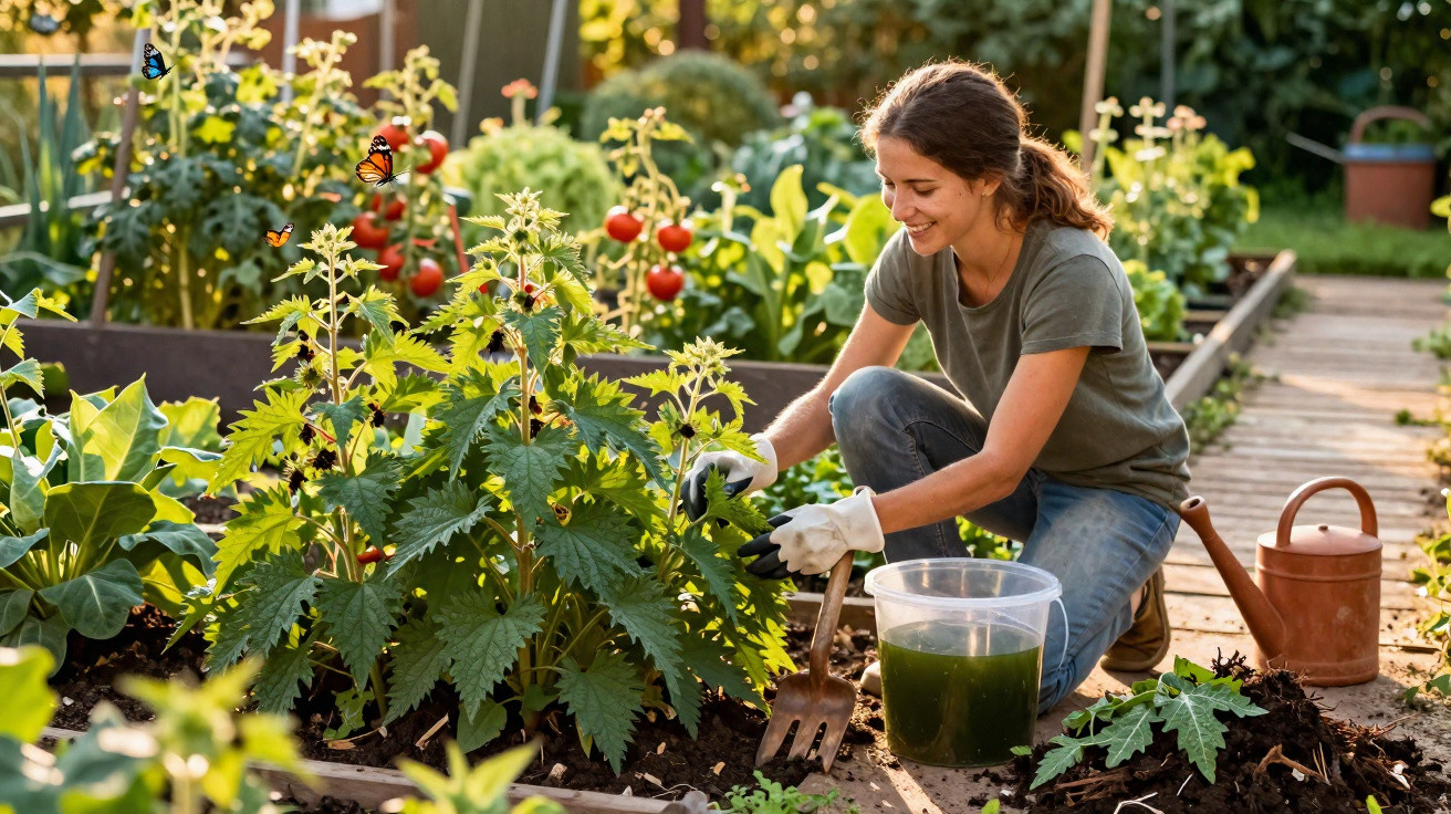 Mulher a cuidar de plantas num jardim, rodeada de tomateiros e borboletas ao pôr do sol.