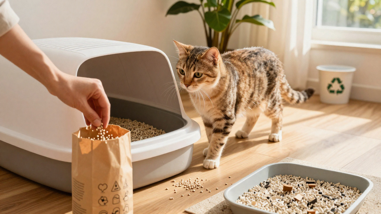 Gato observando pessoa a colocar areão biodegradável na caixa de areia numa sala iluminada e com plantas.