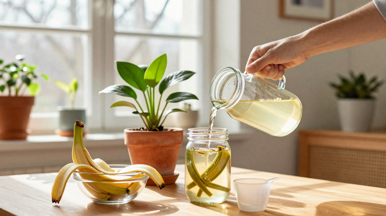 Pessoa a servir infusão de canela em vidro com paus de canela numa mesa com vaso de planta e cacho de bananas.