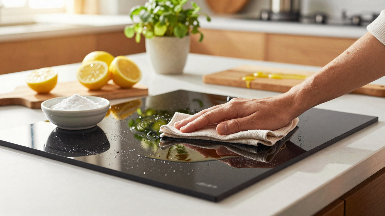 Pessoa a limpar placa de fogão com um pano, limão cortado e bicarbonato numa cozinha moderna.
