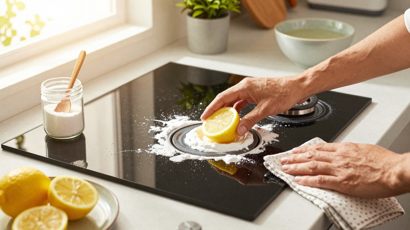 Mãos a limpar um fogão com meio limão e bicarbonato de sódio, utensílios na bancada da cozinha.