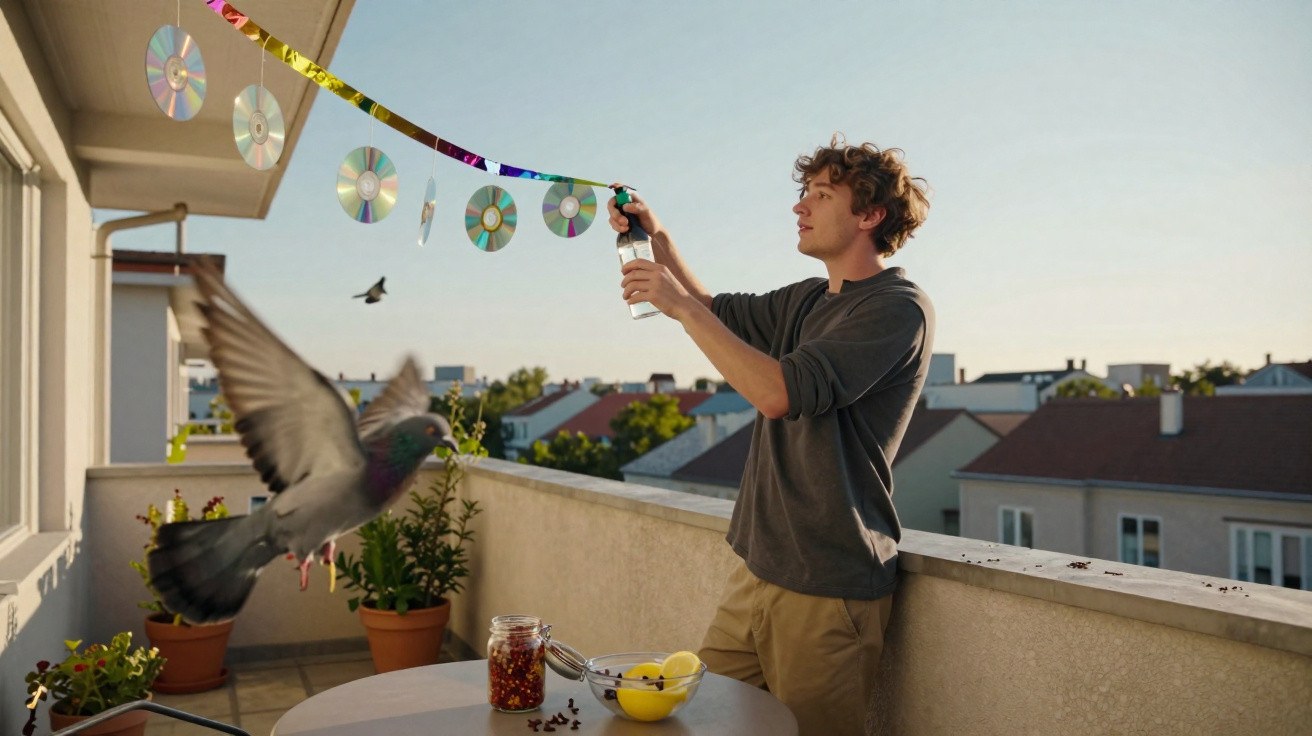 Jovem num terraço a colocar CDs suspensos para afastar pombos, com jarro de limões e mesa com plantas.