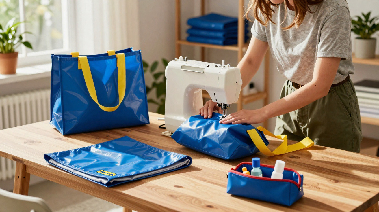 Pessoa a usar máquina de costura para confeccionar sacos azuis com alças amarelas numa mesa de madeira.