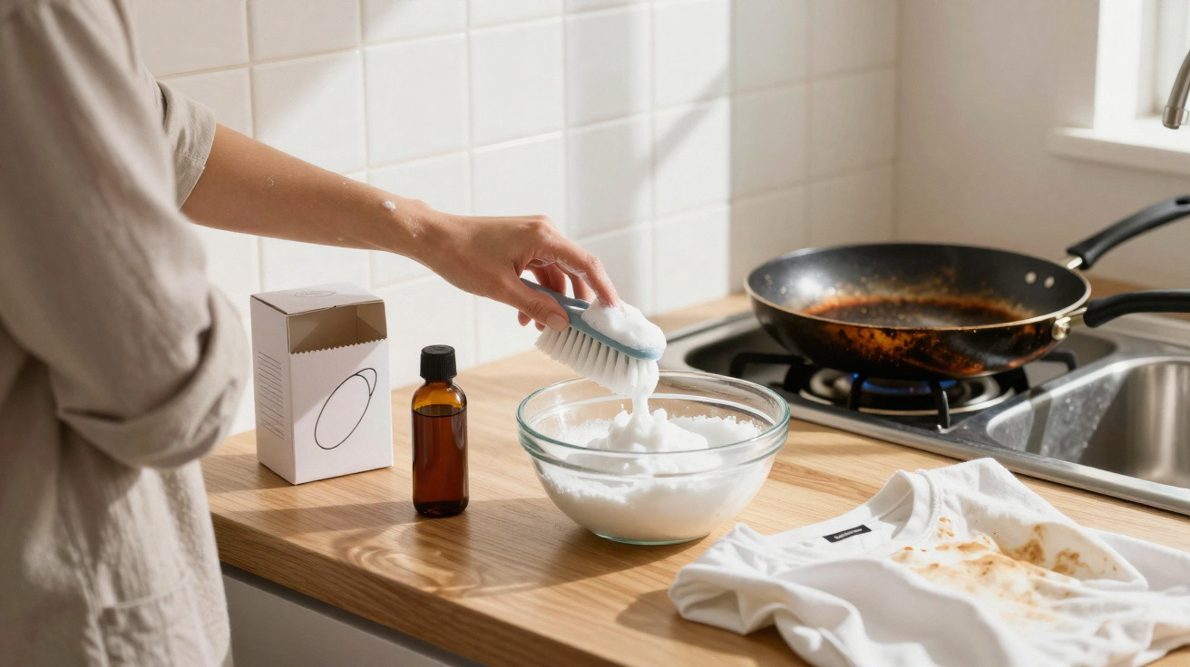 Pessoa prepara pasta de limpeza natural em tigela, ao lado de camisa manchada e panela na cozinha.