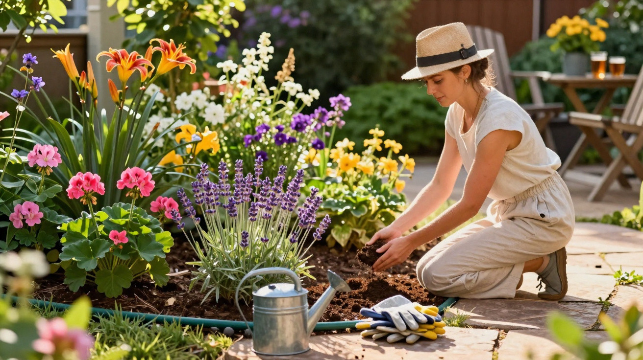 Mulher a cuidar de flores coloridas num jardim com regador e luvas ao lado, em dia de sol.