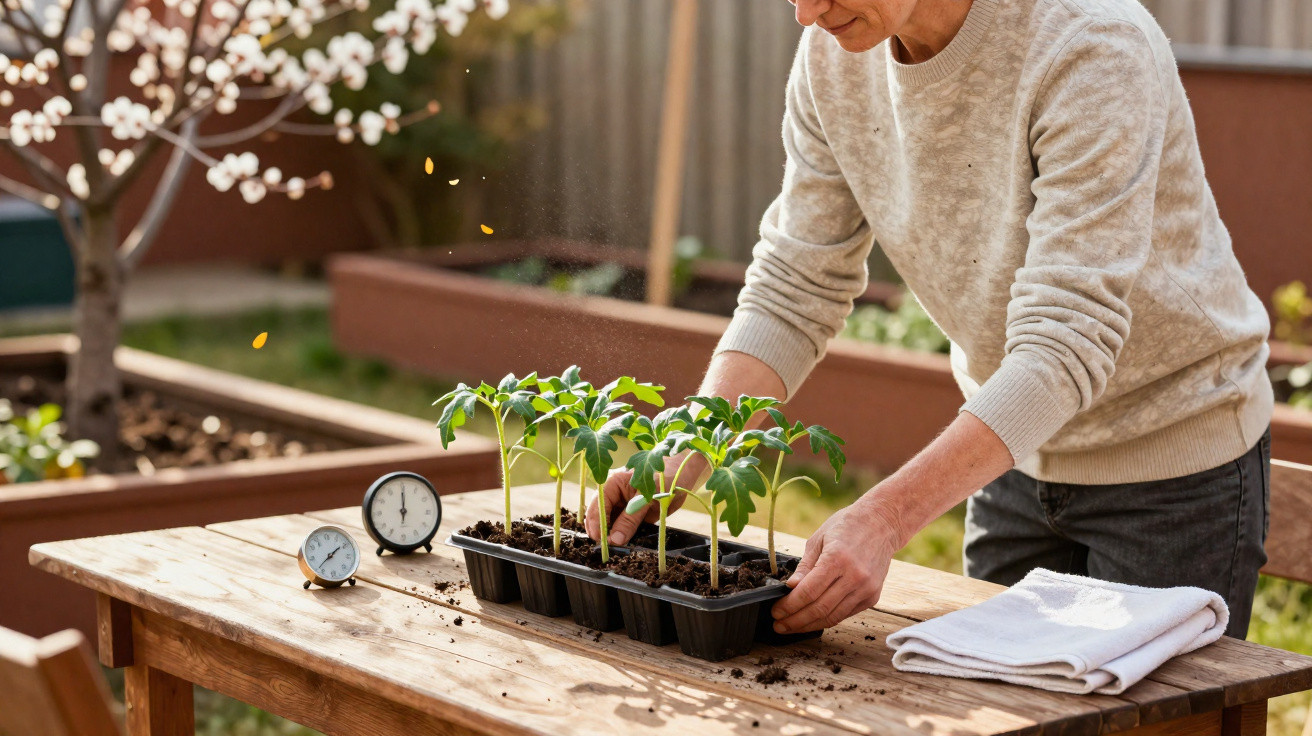 Pessoa a cuidar de plantas jovens num tabuleiro preto sobre uma mesa de madeira num jardim.