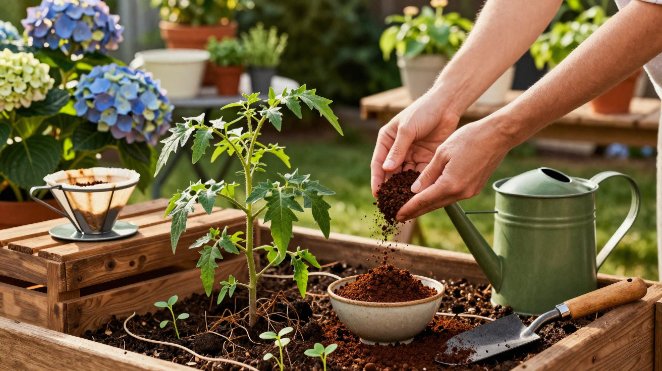 Mãos a colocar terra num canteiro com plantas, regador verde, flores e utensílio de jardinagem.