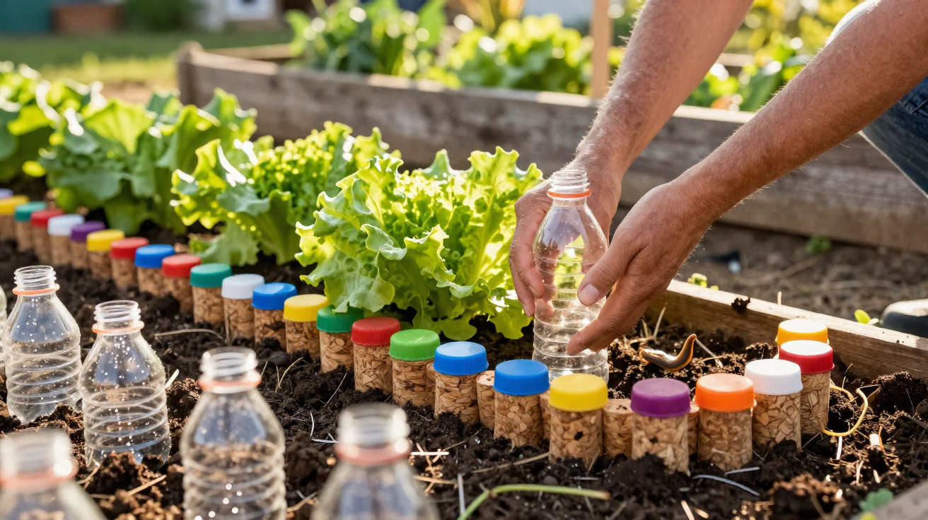 Pessoa a regar plantas em jardim com garrafas plásticas reutilizadas e rolhas coloridas no solo.
