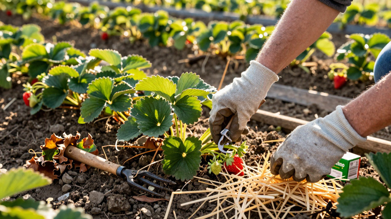 Pessoa a colher morangos maduros numa plantação com luvas e ferramentas de jardinagem.