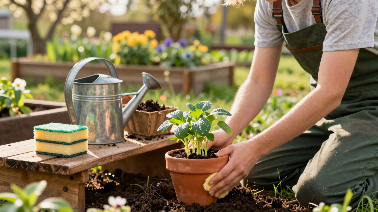 Pessoa a cuidar de planta jovem num vaso de barro num jardim, com regador e esponjas ao lado.