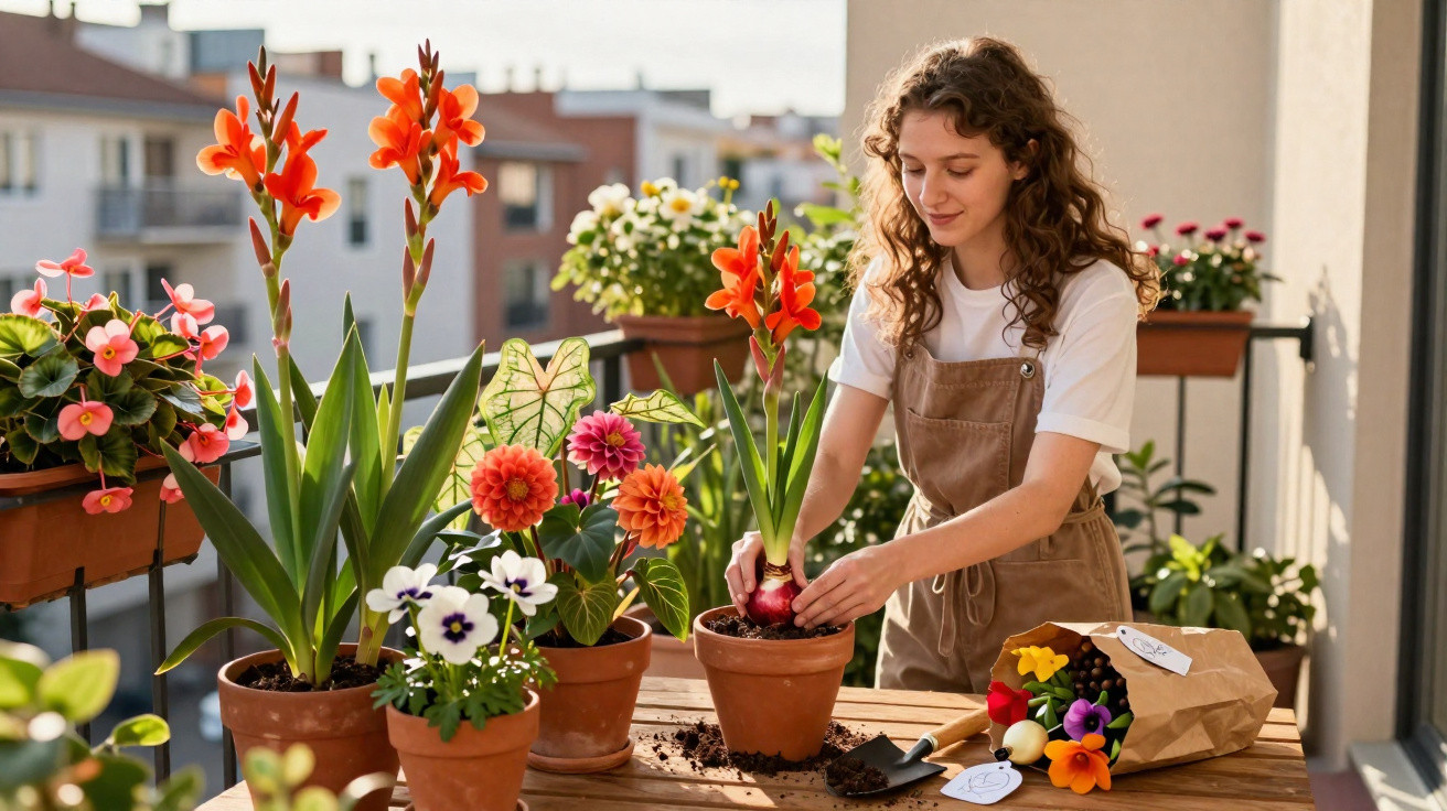 Mulher a cuidar de flores coloridas em vasos num terraço ensolarado durante o dia.