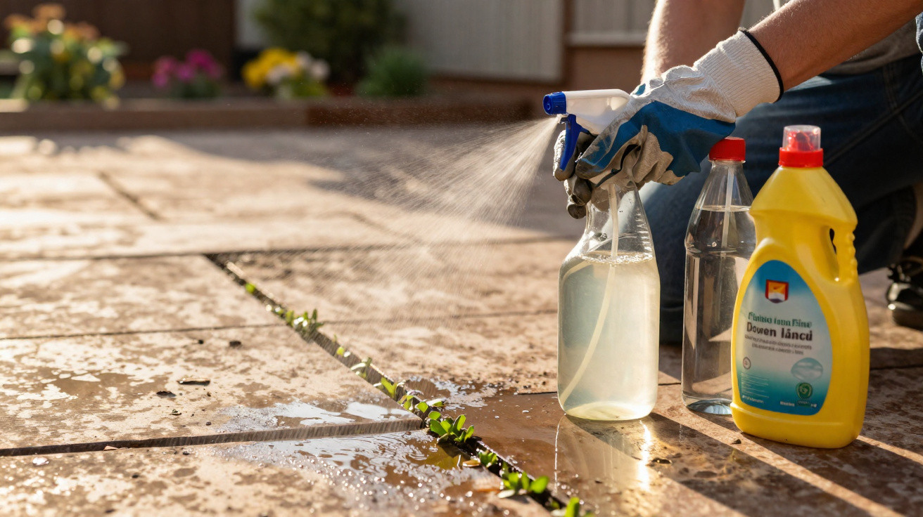 Mãos com luvas a aplicar spray de produto de limpeza em ervas daninhas entre azulejos exteriores.