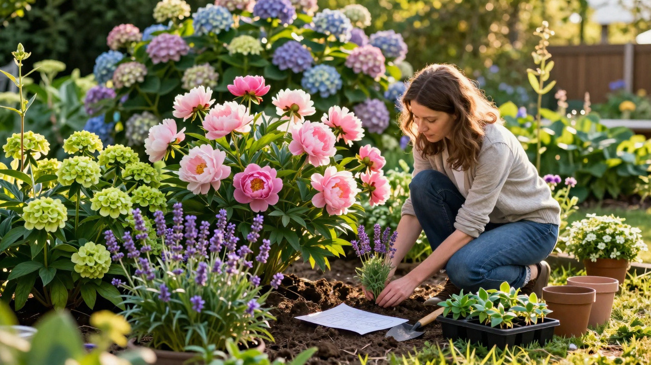 Mulher a plantar flores num jardim florido com peónias cor-de-rosa ao entardecer.