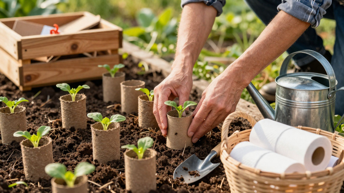 Mãos a transplantar rebentos em vasos biodegradáveis na terra num jardim com regador e ferramentas.