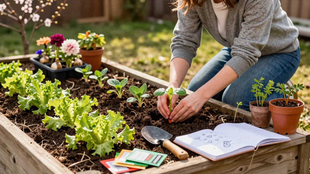 Pessoa a plantar muda numa horta elevada com alfaces, flores, sementes e caderno de anotações ao lado.