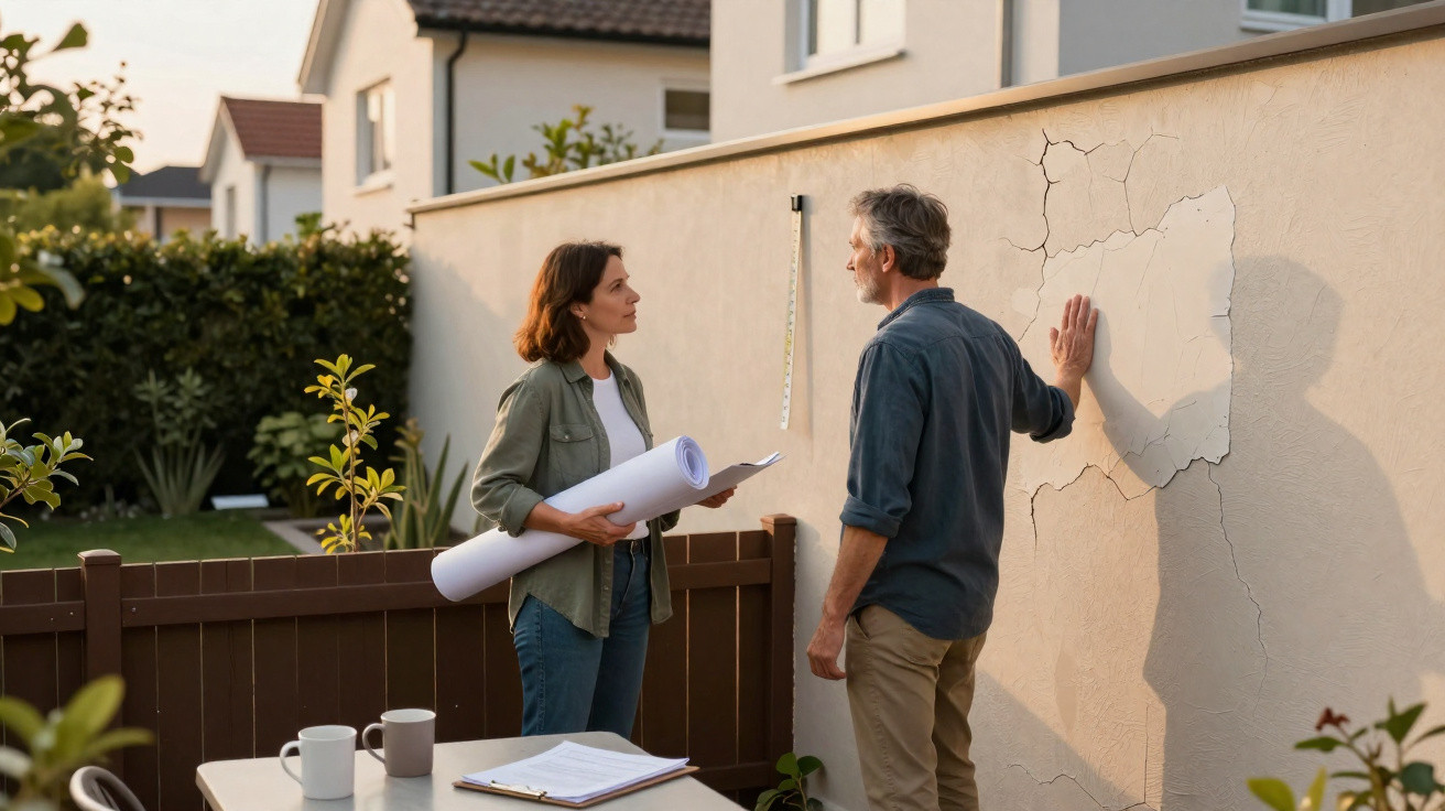 Duas pessoas discutem danos numa parede exterior de uma casa, com plantas e mesa ao fundo.