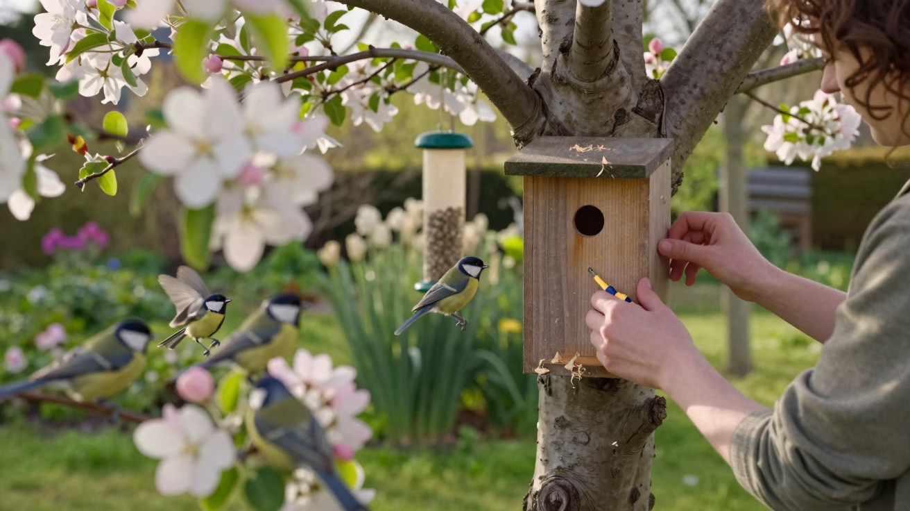 Pessoa a instalar uma casa para pássaros numa árvore florida num jardim com várias aves aproximando-se.