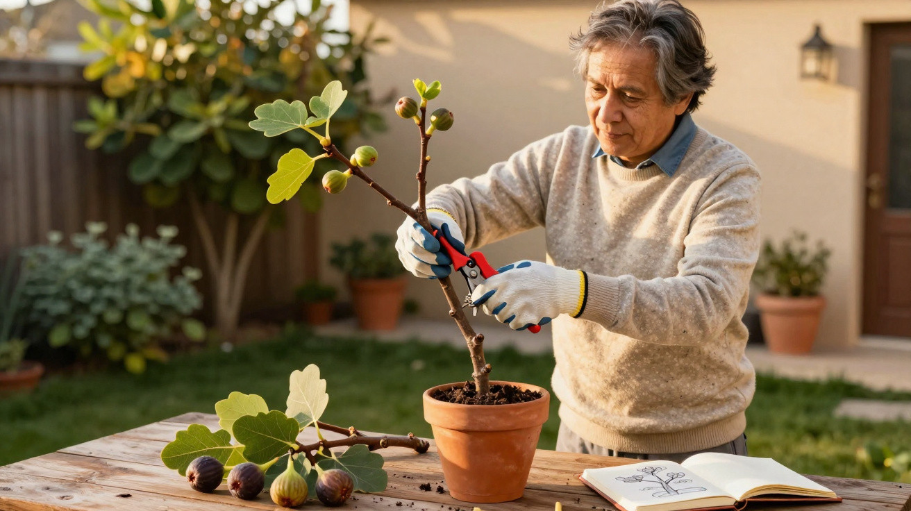 Homem a podar um ramo de figueira numa varanda com ferramentas de jardinagem e livro aberto.