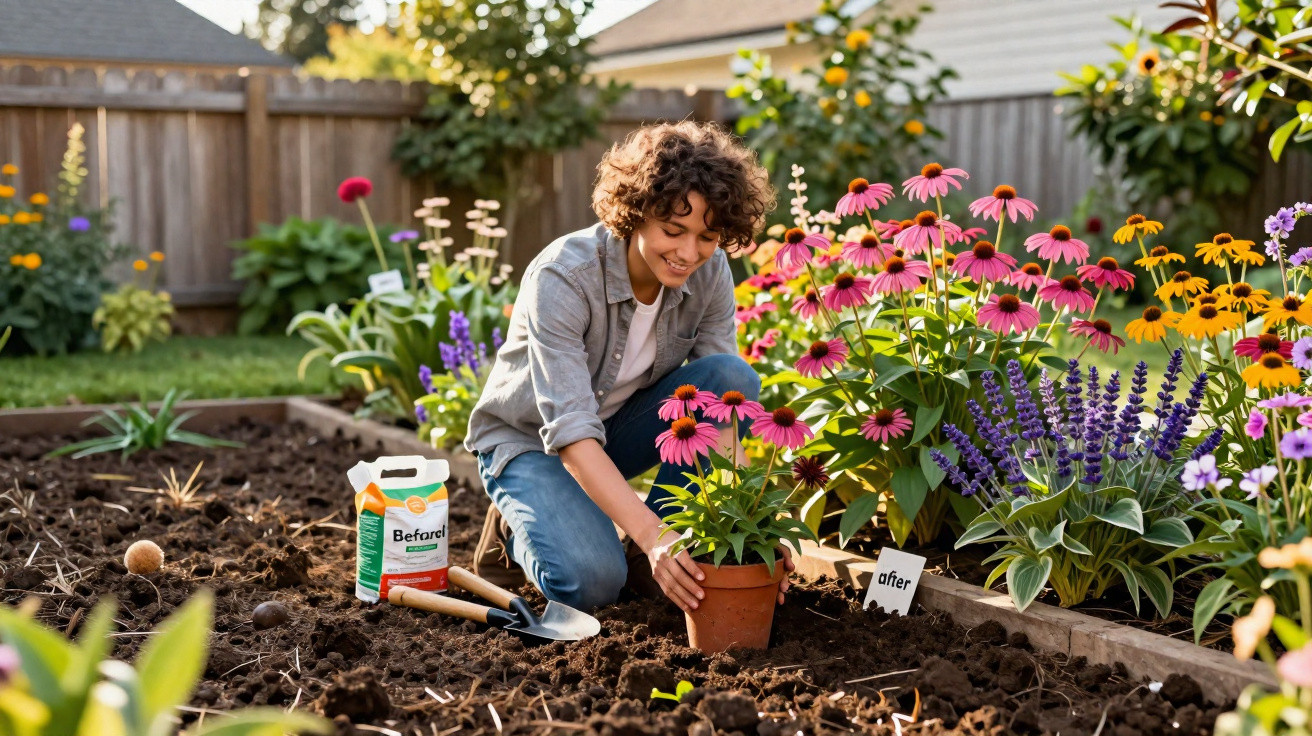 Jovem a plantar flores cor-de-rosa num jardim com diversas plantas e ferramentas de jardinagem.