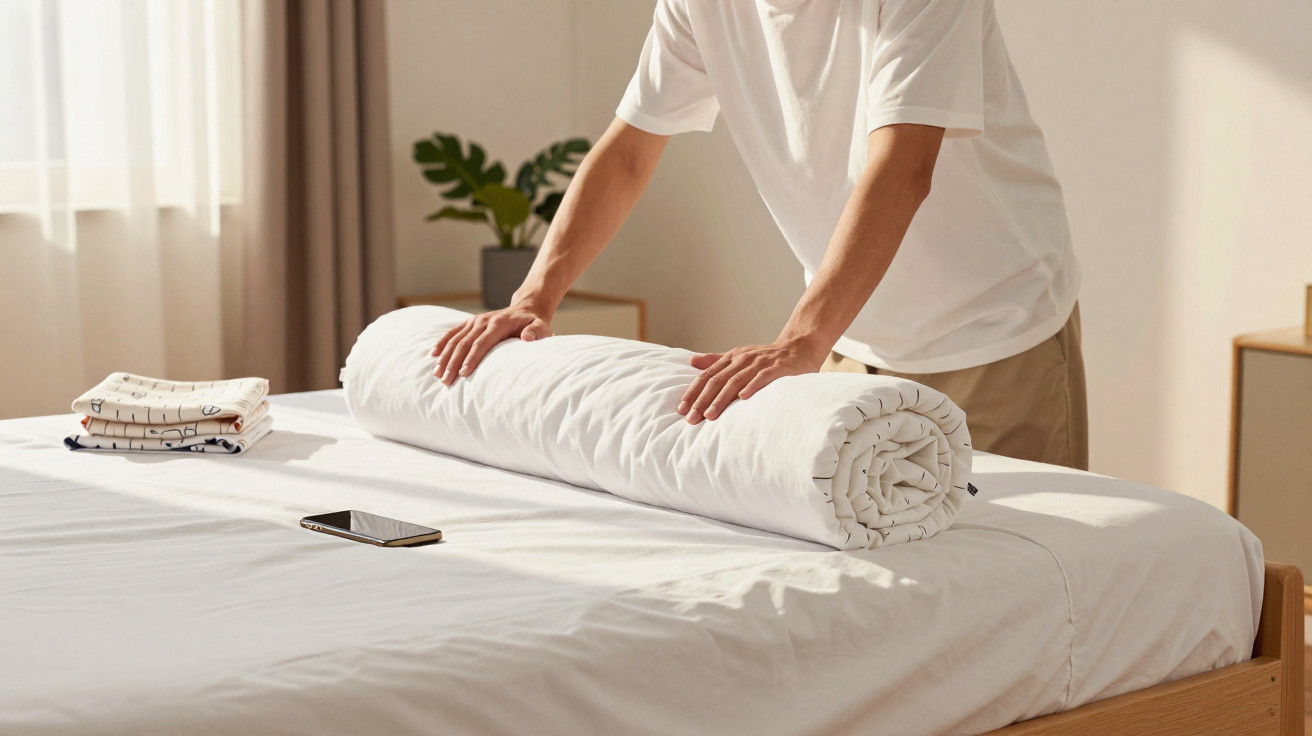 Pessoa a enrolar um edredão branco numa cama branca, com roupas dobradas e telemóvel ao lado.