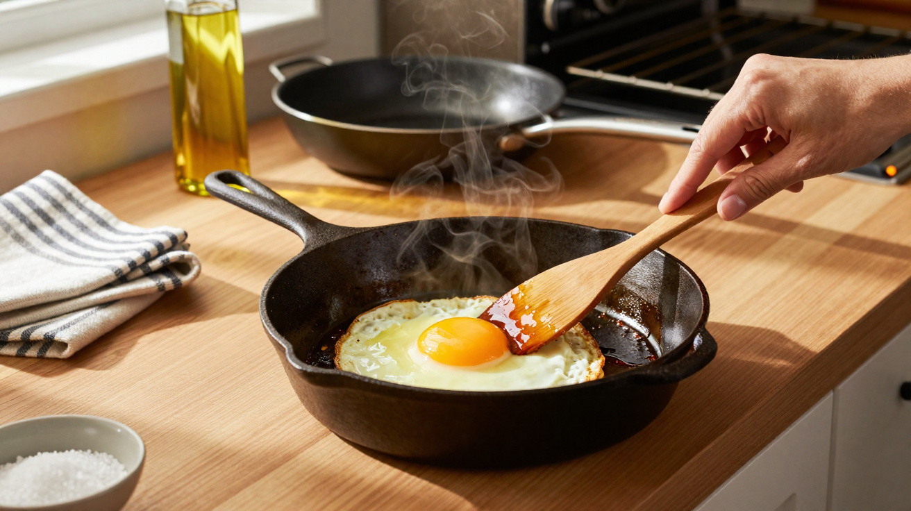Ovo estrelado a cozinhar numa frigideira de ferro fundido, com vapor a subir, numa cozinha iluminada.