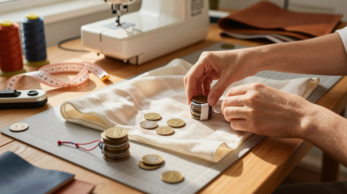 Mãos a contar moedas sobre tecido branco numa mesa com máquina de costura e acessórios de costura.