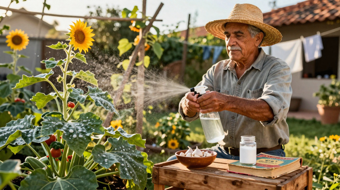 Homem idoso a pulverizar spray em plantas num jardim com girassóis e frutos vermelhos.
