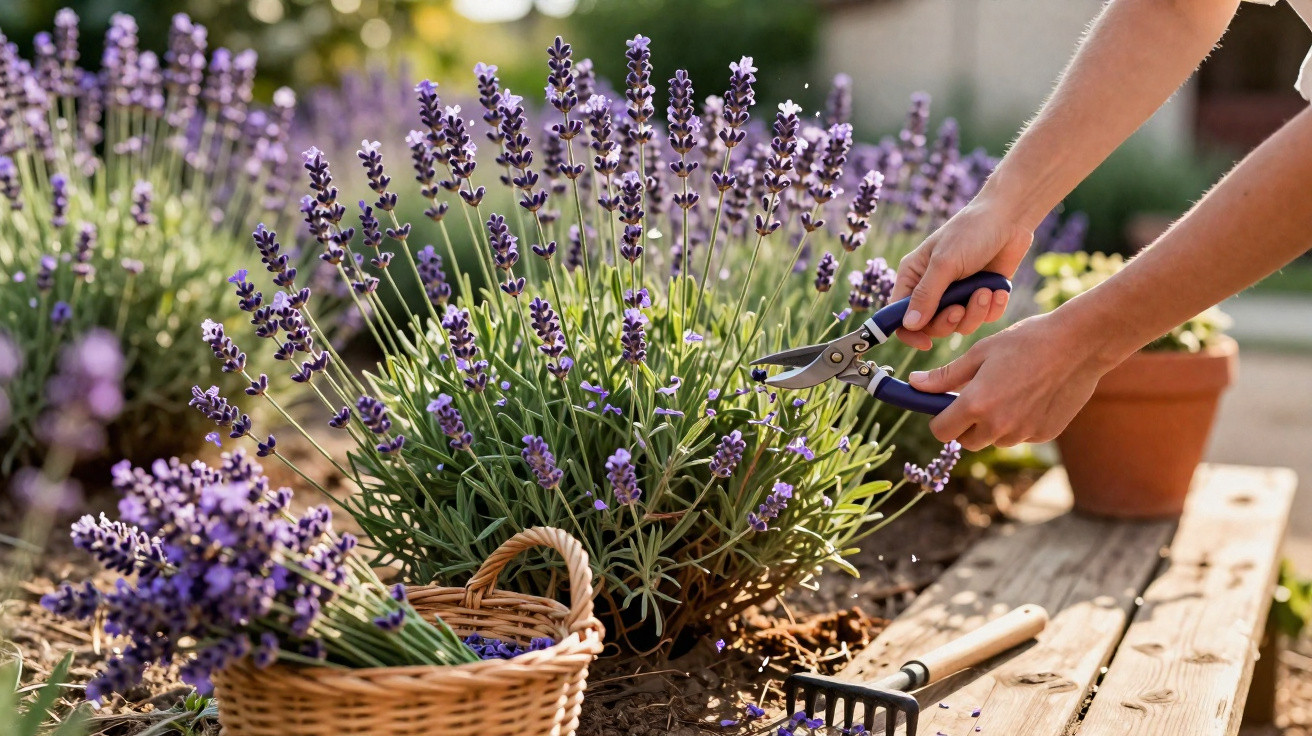 Mãos a cortar flores de lavanda roxas num jardim ensolarado, com cesta e ancinho ao lado.