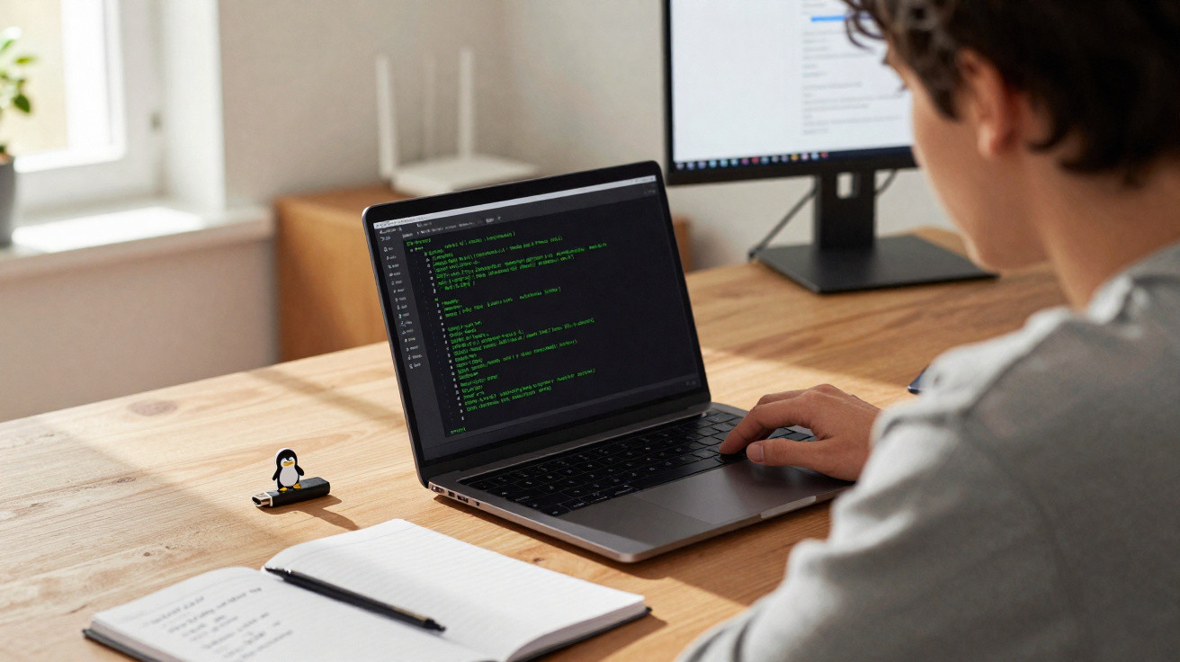 Pessoa a programar código num portátil numa secretária com caderno, pen e monitor ao fundo.