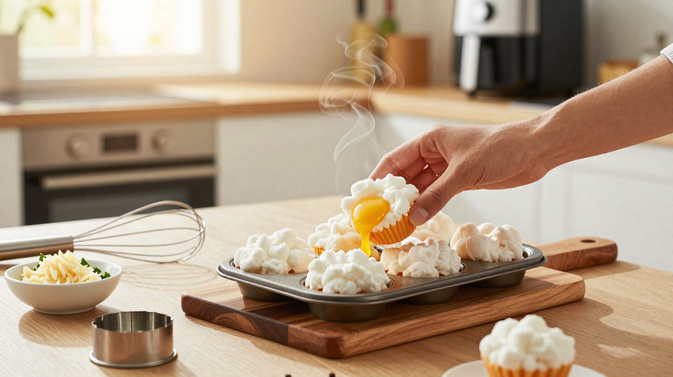 Mão a partir um ovo quente sobre um cupcake com merengue numa cozinha iluminada.