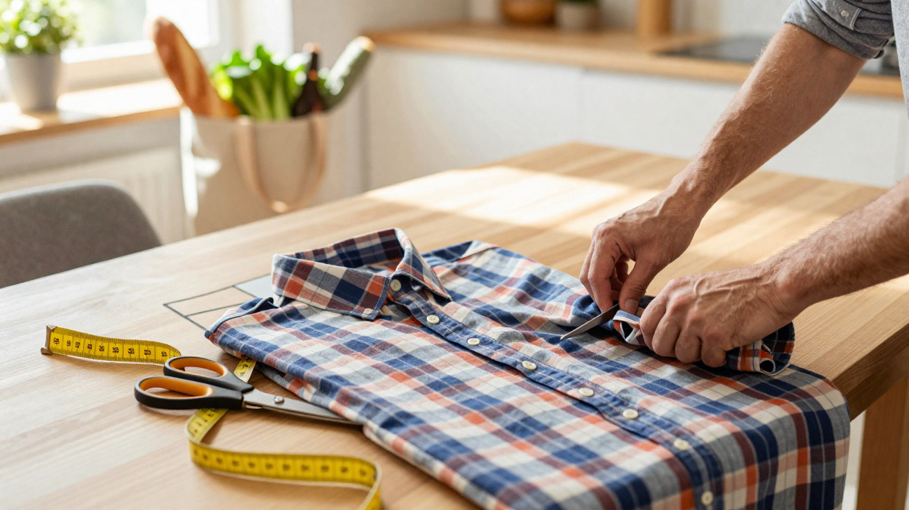 Pessoa a ajustar mangas de camisa quadriculada numa mesa com fita métrica e tesoura.