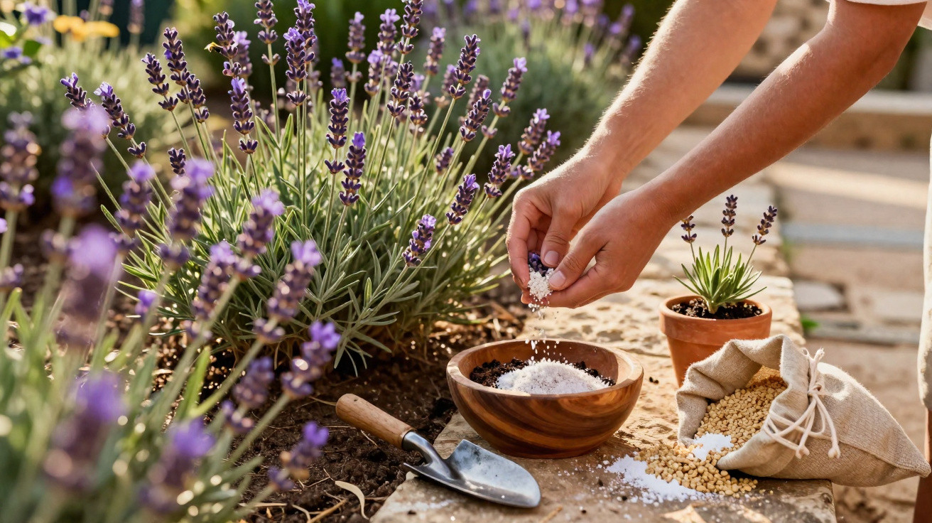 Mãos semeando terra junto a plantas de lavanda com ferramentas de jardinagem numa varanda ensolarada.