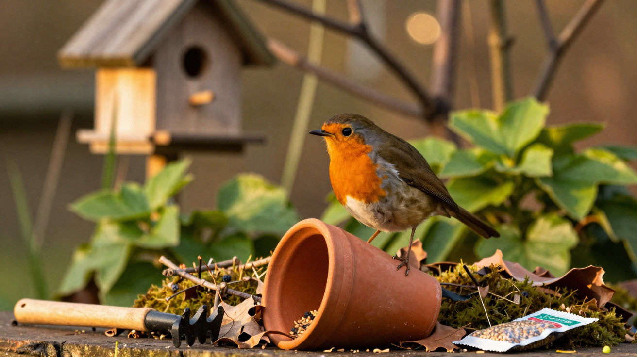 Pardal com peito laranja pousado num vaso de barro virado, ao lado de uma pequena pá e casa de aves desfocada.