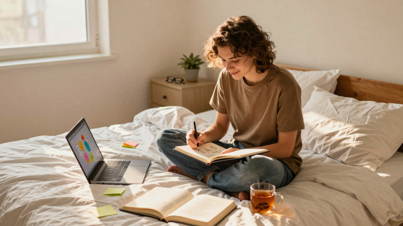 Mulher sentada na cama a estudar, escrevendo num caderno com laptop e chá numa chávena ao lado.