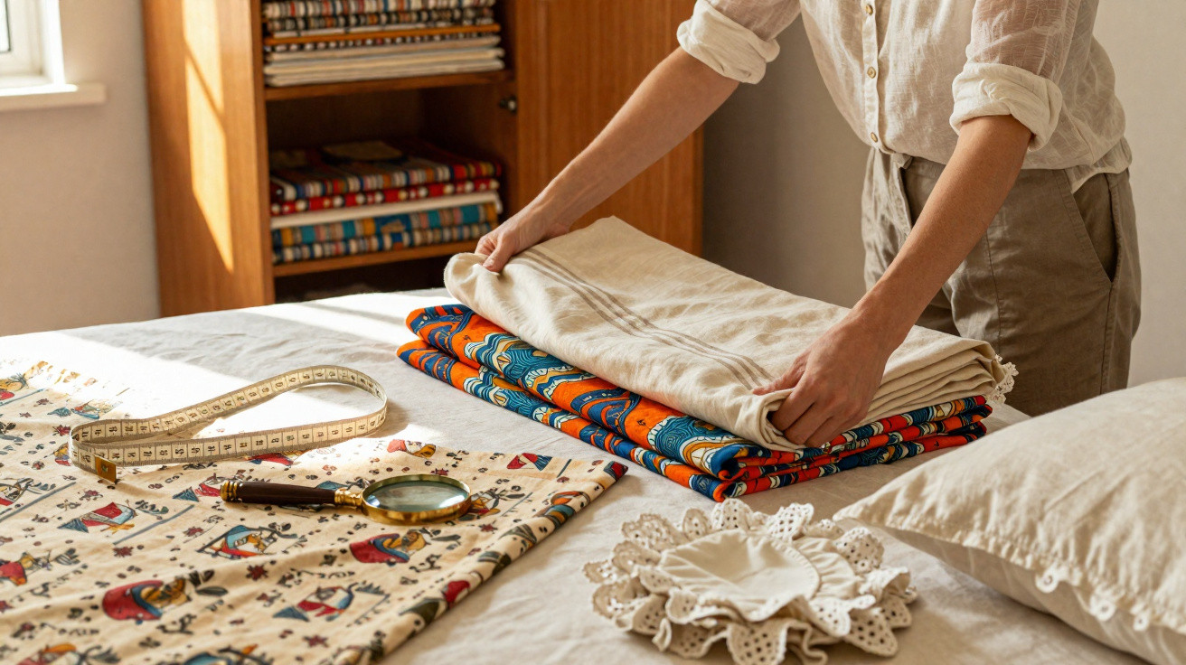 Pessoa a dobrar tecidos coloridos sobre uma cama com fita métrica e lupa ao lado.