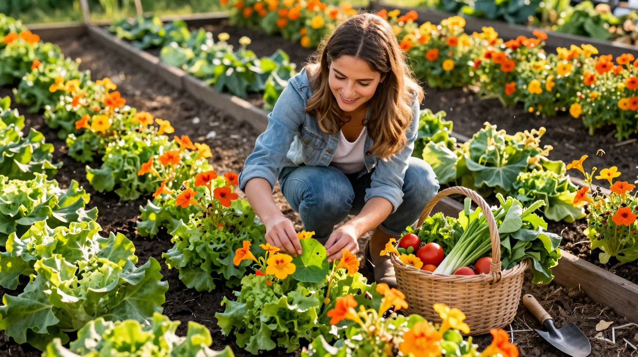 Mulher a cuidar de plantas num jardim com flores laranjas e cesto com legumes frescos ao lado.