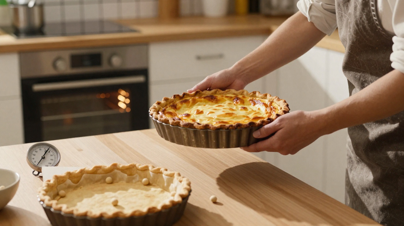 Pessoa a retirar uma tarte dourada do forno numa cozinha moderna com outra tarte crua na bancada.