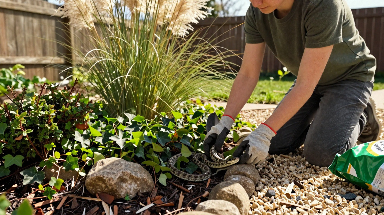Pessoa a apanhar uma serpente num jardim com luvas, rodeada de plantas e pedras decorativas.