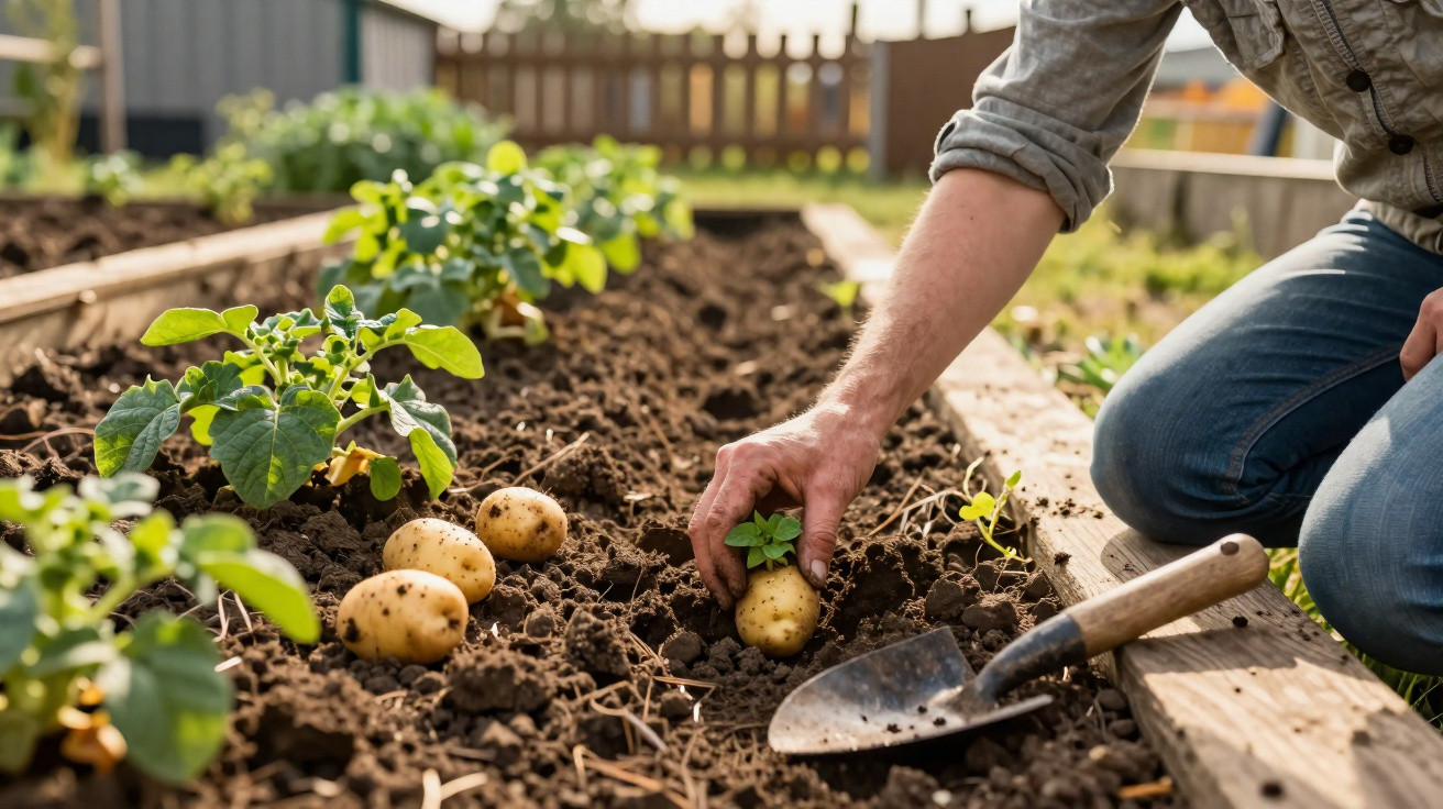 Pessoa a colher batatas num canteiro de jardim com uma pequena pá ao lado.