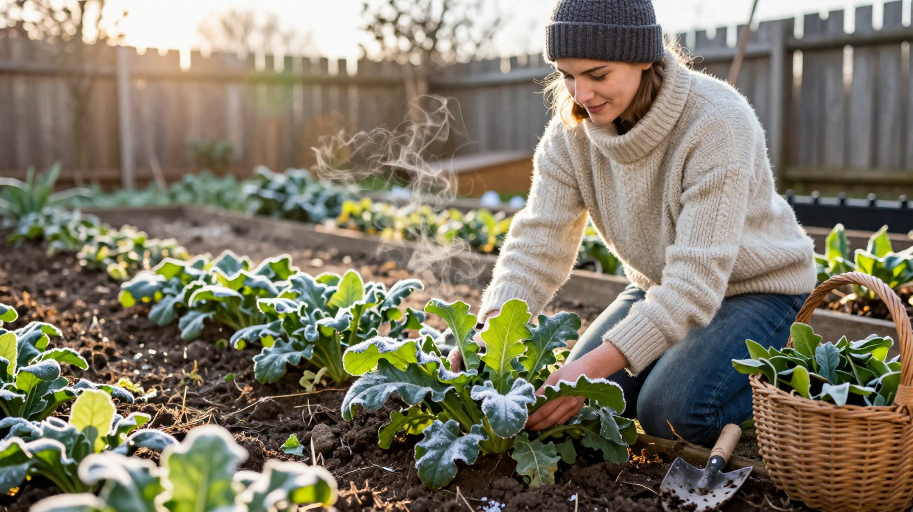 Mulher agachada a cuidar de plantas cobertas de geada numa horta ao ar livre num dia de inverno.