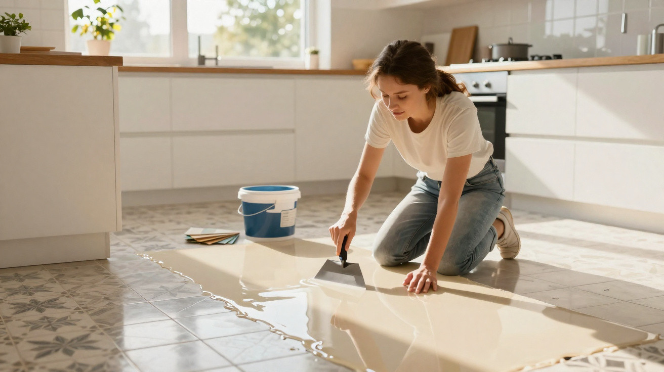 Mulher a aplicar resina epóxi no chão de azulejos numa cozinha moderna e luminosa.