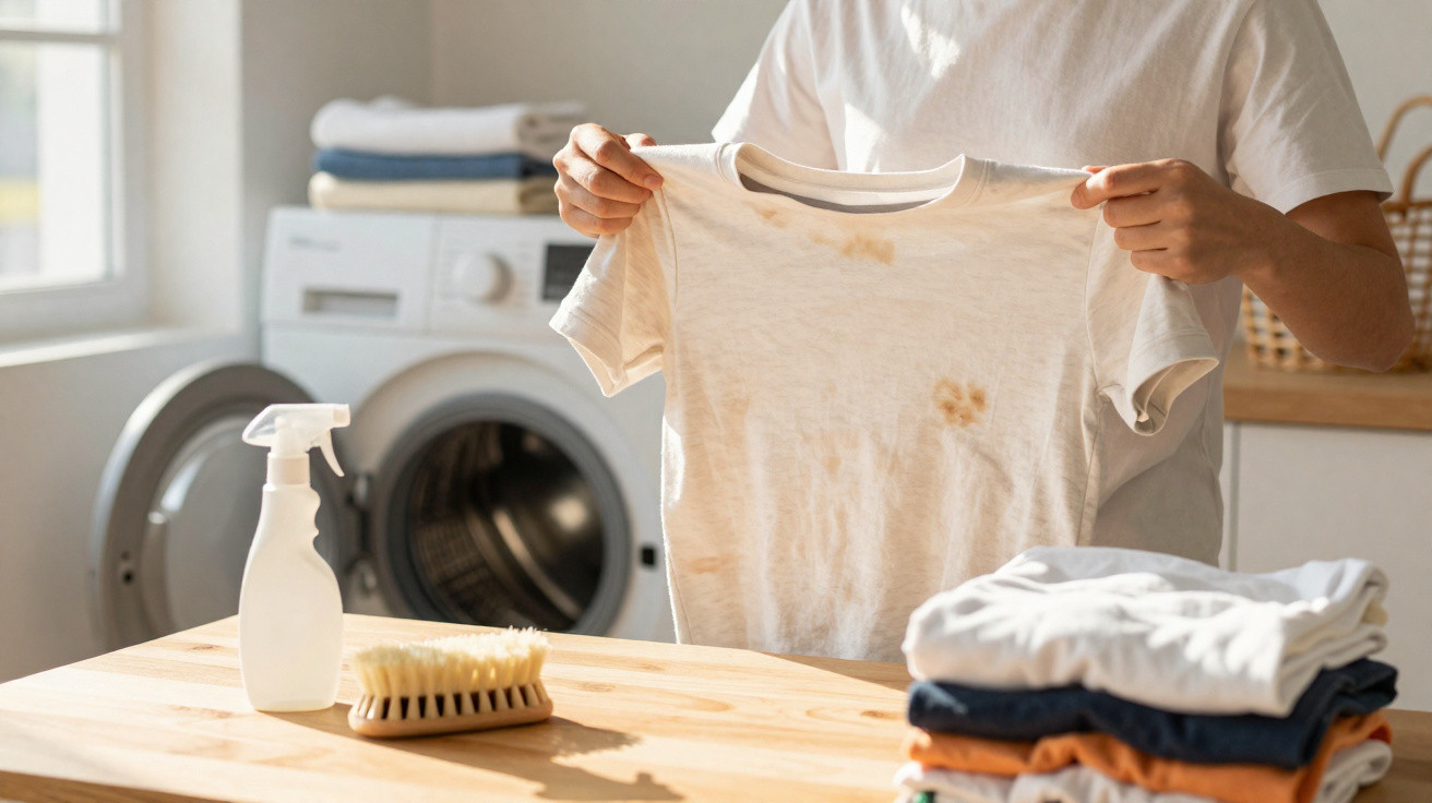 Pessoa segurando uma t-shirt branca manchada junto a máquina de lavar, escova e pulverizador numa bancada de cozinha.